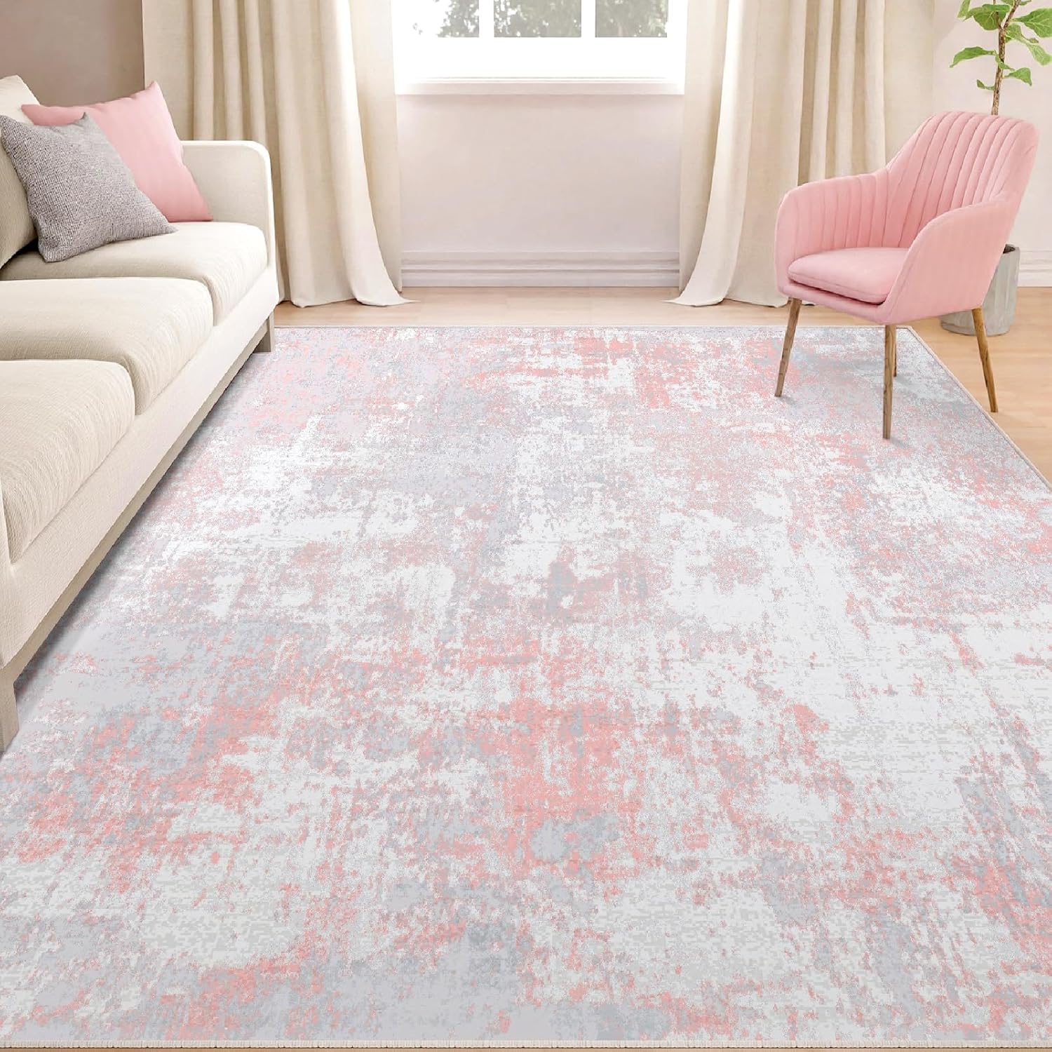 Washable Area Rugs Size  5'x7 Color pink ' Non-Slip Modern Abstract Soft for Living Room Entryway Bedroom Nursery, Print Pattern, Grey Pink
